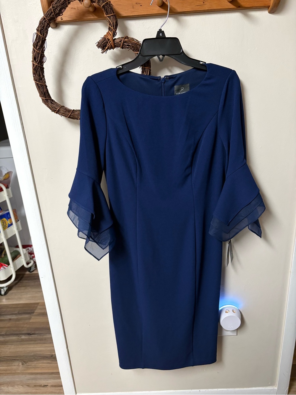 NWT Adrianna Papell Navy Midi Dress with Layered Chiffon Sleeves